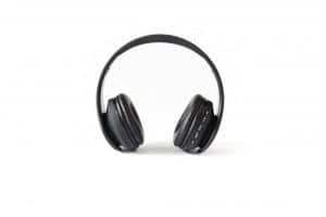 Black over-ear wireless headphones isolated on a white background.
